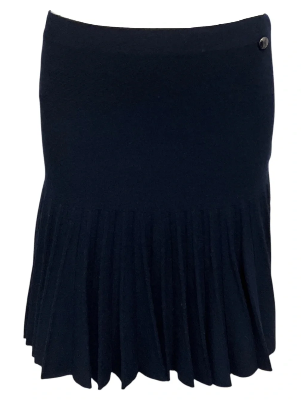 CHANEL NAVY BLUE PLEATED WOOL AND CASHMERE KNIT SKIRT WITH CC LOGO GLOBE PLATE